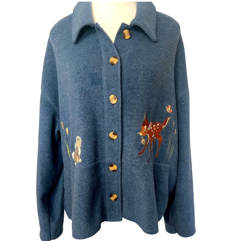 Vintage Disney Bambi 1XL Button Up Embroidery Cardigan Fleece Soft Sweater - Picture 1 of 10